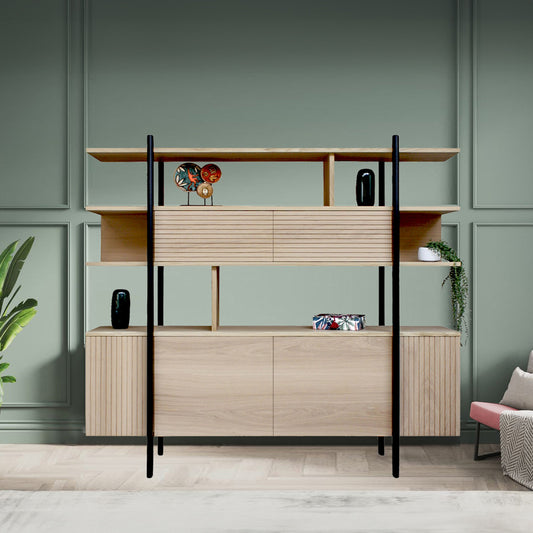 Bleached oak and black wenge shelf sideboard, 4 doors and 2 flaps