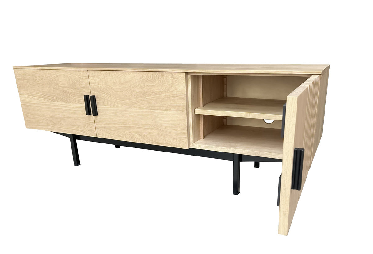 Buffet TV tasseaux bois massif et métal 3 portes