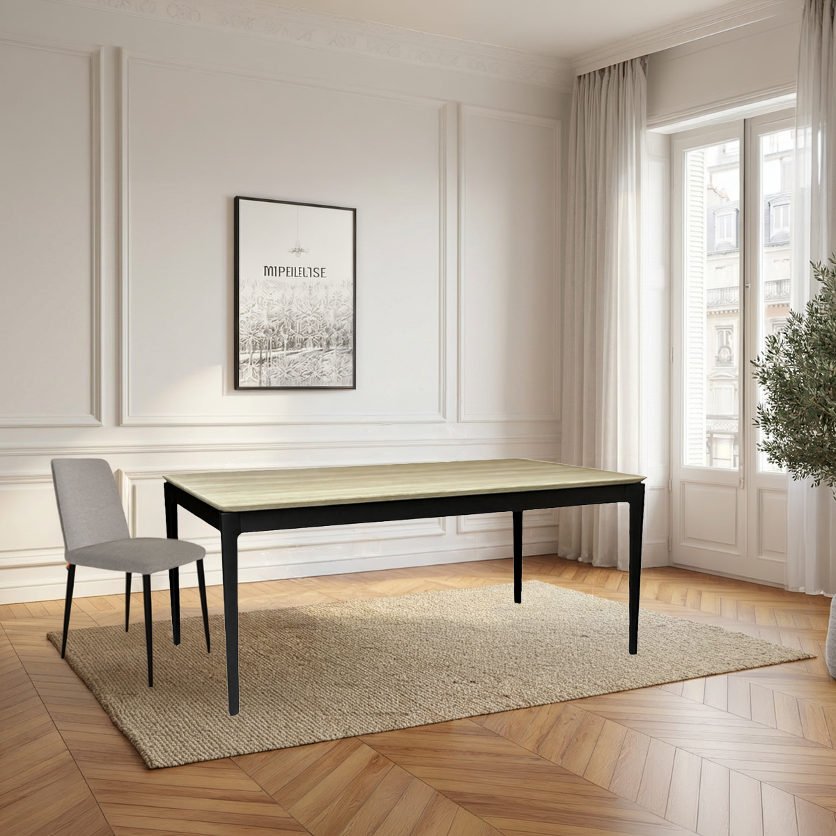 Rectangular solid oak and gray fenix dining table, 8 people - 180L x 100D