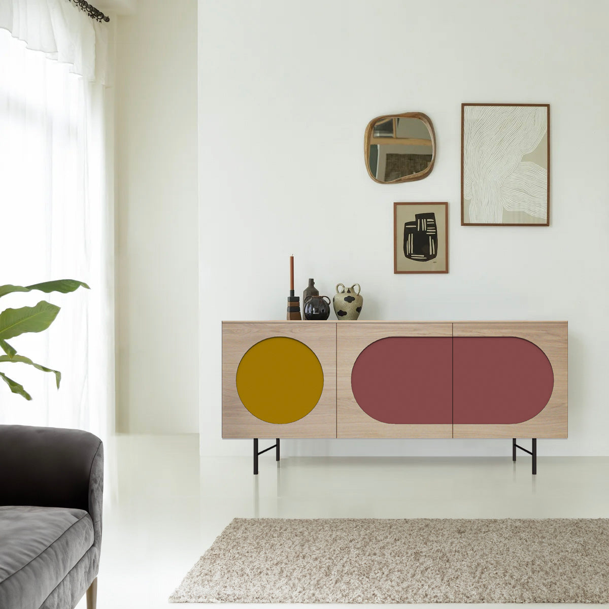 Buffet chêne blanchi et laqué, 3 portes