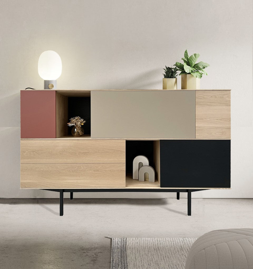 Bleached oak, lacquered and metal sideboard, 2 doors, 1 flap, 2 drawers - 150L x 46D