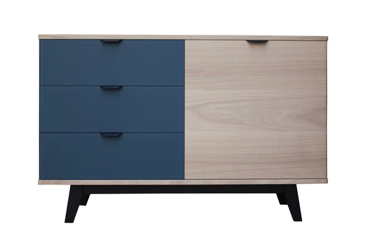 Buffet chêne blanchi massif et laqué 3 tiroirs 1 porte - 130L x 48P