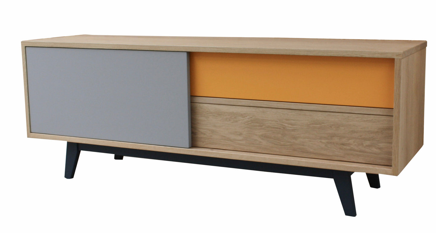 Buffet TV chêne blanchi massif et laqué 3 portes coulissantes - 150L x 44P