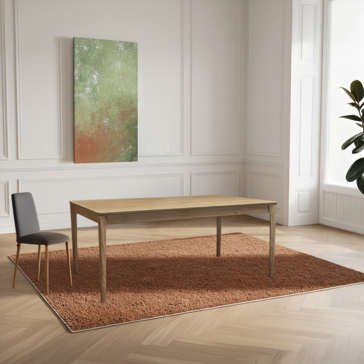 Rectangular solid oak and gray fenix dining table, 8 people - 180L x 100D